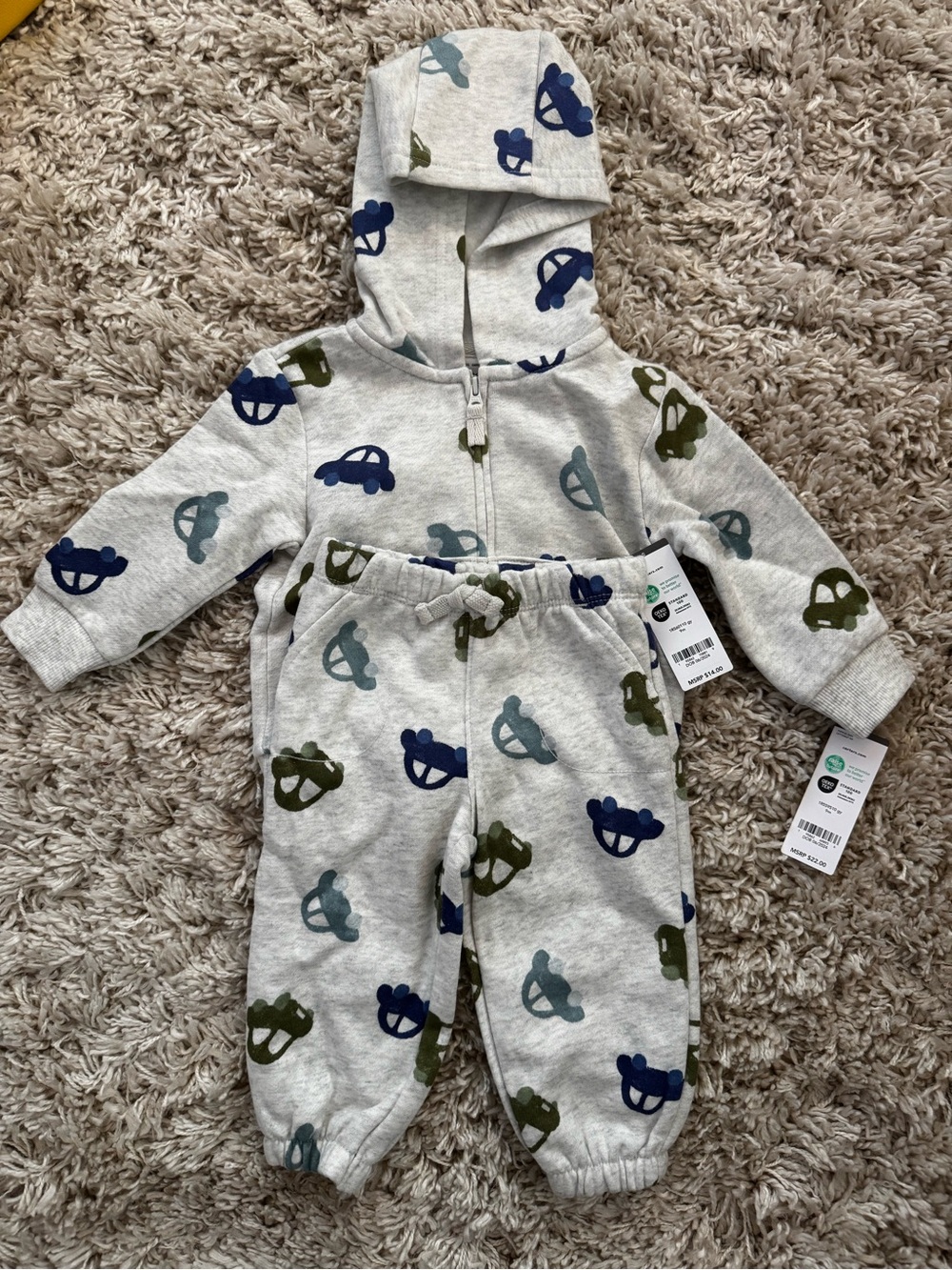 Carter's Gray Hooded zip up and Joggers with Blue and Olive Car Prints